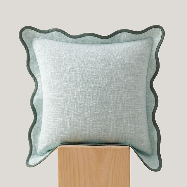 Double Stitch by Bedsure Scalloped Throw Pillow Covers, Cotton Decorative Pillow Covers 20" x 20" Made in India, Square Cushion Case for Living Room Couch, Accent Pillow Cover, Misty Blue