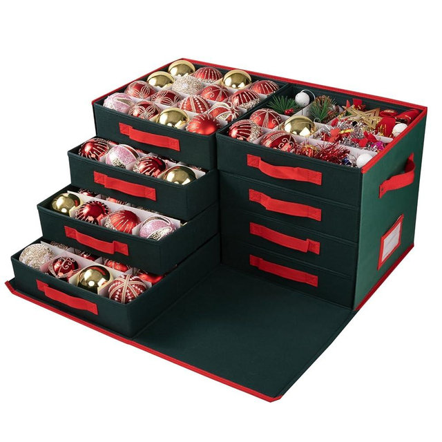 OIAHOMY Large Christmas Ornament storage with Side Open-Stores up to 128 Ornaments - 8 Removable Drawer Style Trays - Green