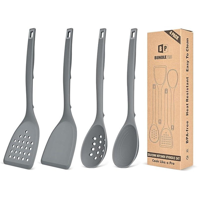 Pack of 4 Silicone Cooking Utensils Set, Non Stick Solid Spatulas and Heat Resistant Slotted Spoons with Back Hooks, Ideal BPA Free Kitchen Utensils Set for Frying,Serving,Turning,Stirring (GRAY)