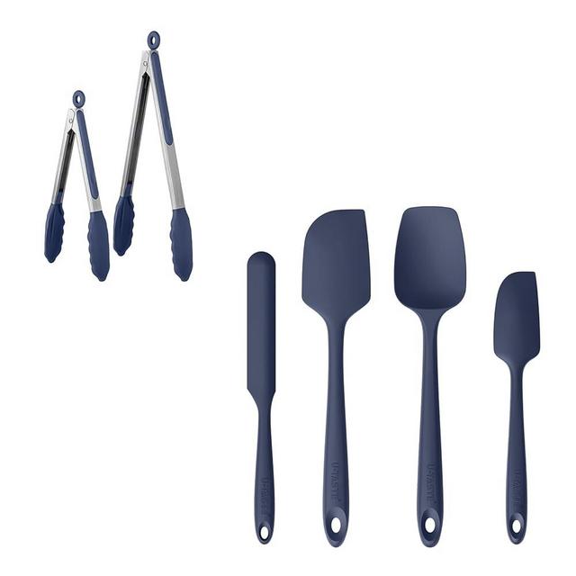 U-Taste 480ºF Heat Resistant Food Grade Silicone Spatula Set of 4, and 600℉ Heat-Resistant Food-Grade Non-Stick Firm Cooking Tong Set of 2 (Midnight Blue)