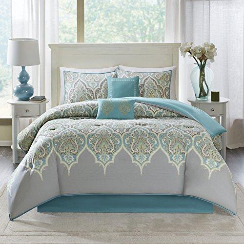 Comfort Spaces Mona 100% Cotton Printed Paisley Design 6 Piece Comforter Set Bedding, Queen, Teal & Grey