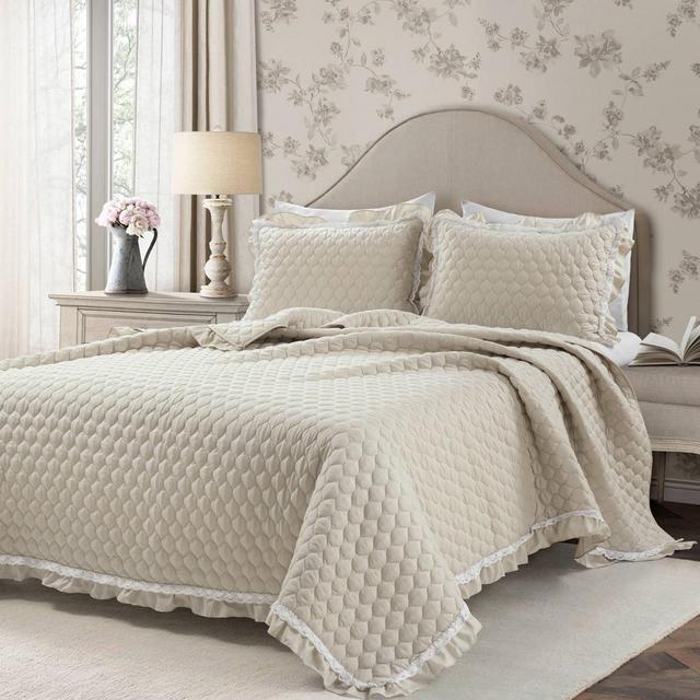 3pc Full/Queen Ella Lace Ruffle Quilt Set Neutral - Lush Décor