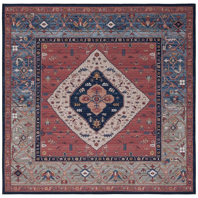 SAFAVIEH Washable Rug Tucson Collection - 4' Square, Rust & Blue, Slip Resistant & Easy to Clean, Ideal for Foyer, Kitchen, Nursery, Office, Bedroom (TSN153P)