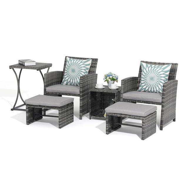 OC Orange-Casual 6 Piece Patio Furniture Conversation Set with Ottoman, Outdoor Grey Wicker Chair and Table Set, Balcony Furniture for Apartments, Light Grey