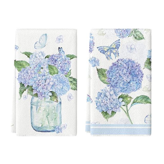 Artoid Mode Hydrangea Vase Butterfly Spring Kitchen Towels Dish Towels, 18x26 Inch Summer Flowers Holiday Decoration Hand Towels Set of 2