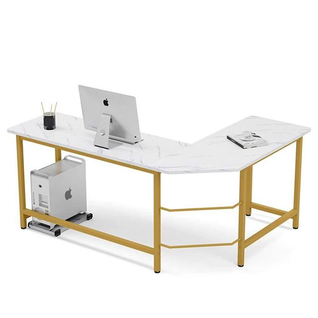 Tribesigns Modern L-Shaped Desk, Corner Computer Desk PC Laptop Gaming Table Workstation for Home Office, White Faux Marble/Gold Metal Frame