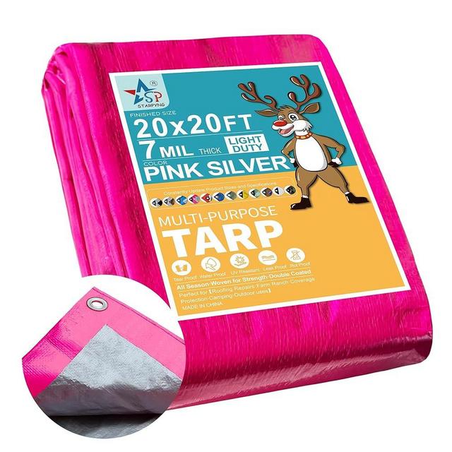 STARPYNG-7 Mil Pink/Silver 20x20 Feet Tarp-Multifunctional Waterproof Tarpaulin-Waterproof, UV Resistant, Rip and Tear Resistant, Poly Tarpaulin with Reinforced Edges for Cover