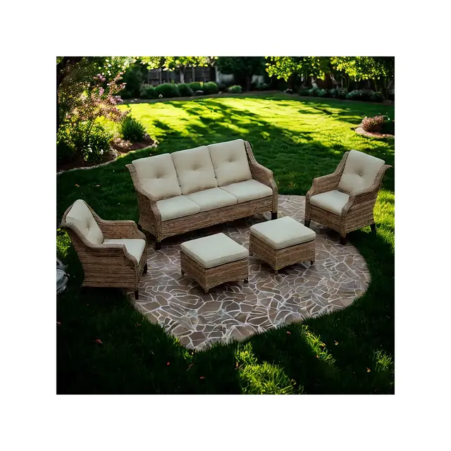 Bestier Patio Furniture Set, 5-Piece Wicker Conversation Set with Thick Cushion and Ottomans, Outdoor Rattan Sofa Chairs for Backyard, Garden, Porch