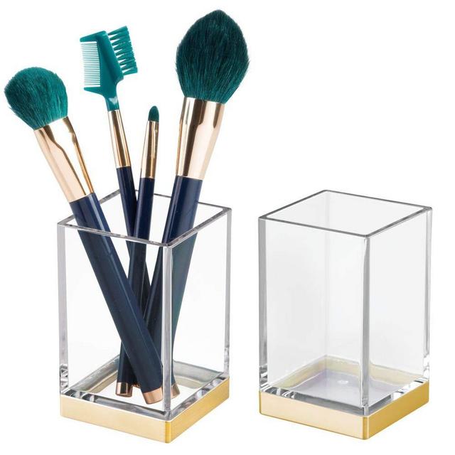 MetroDecor - mDesign Modern Square Tumbler Cup for Bathroom Vanity Countertops - for Mouthwash/Mouth Rinse, Storing and Organizing Makeup Brushes, Eye Liners, Accessories - Slim Design