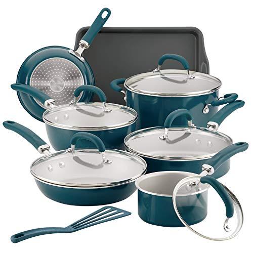 Rachael Ray 12144 Create Delicious Nonstick Cookware Pots and Pans Set, 13 Piece, Teal Shimmer