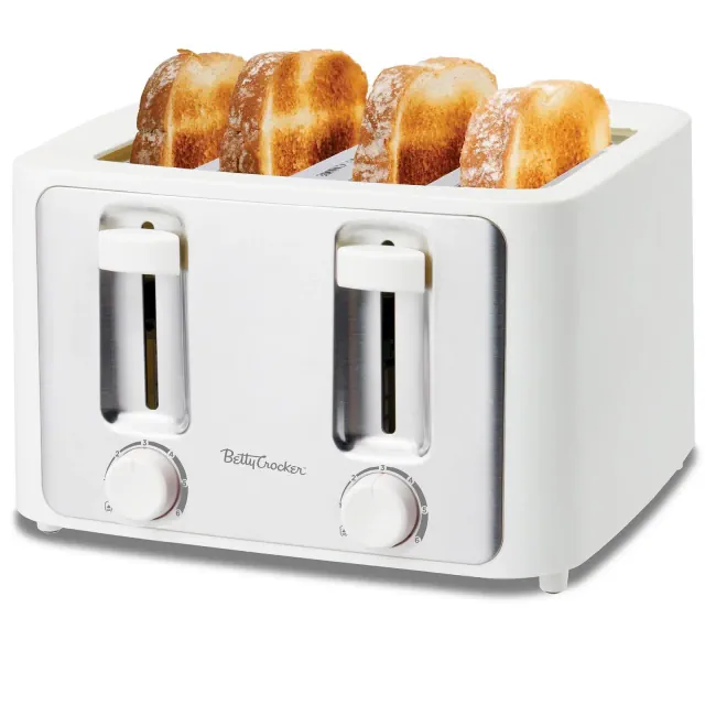 Betty Crocker 4-Slice Toaster, 1500W, Variable Toast Shade Control Dials, High Lift Feature, Cool Touch Housing, Bread Centering Guides, White