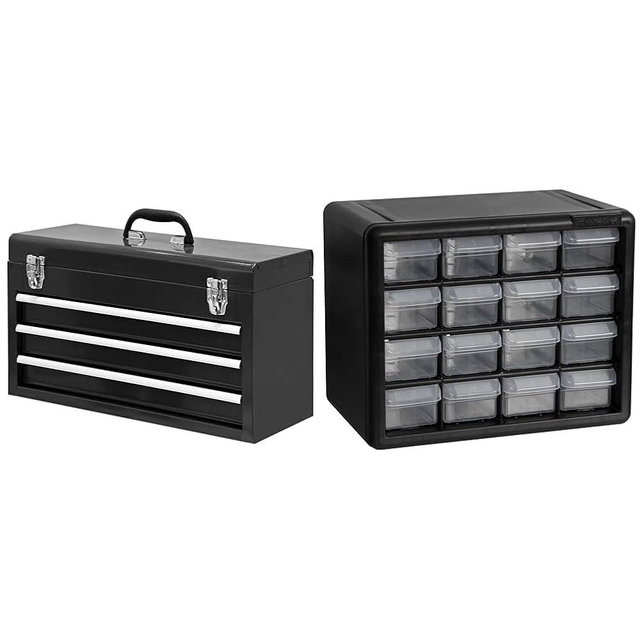 BIG RED 3 Drawer 20" Metal Tool Box Chest and 16 Drawer Plastic Parts Storage Cabinet Bundle