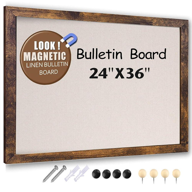 Large Magnetic Bulletin Board 36 x 24 Inch,Rustic Wood Framed Cork Board with Linen，Wall Mounted Notice Board with Pushpins for Home Office School