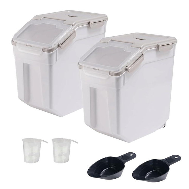 Qiveno 2 Pack Rice Storage Container with Measuring Cup 50 lb Flour Storage Container with Wheels, BPA Free Food Storage Container Dog Cat Food Bin Set for Dry Food Sugar, Cereal(Gray)