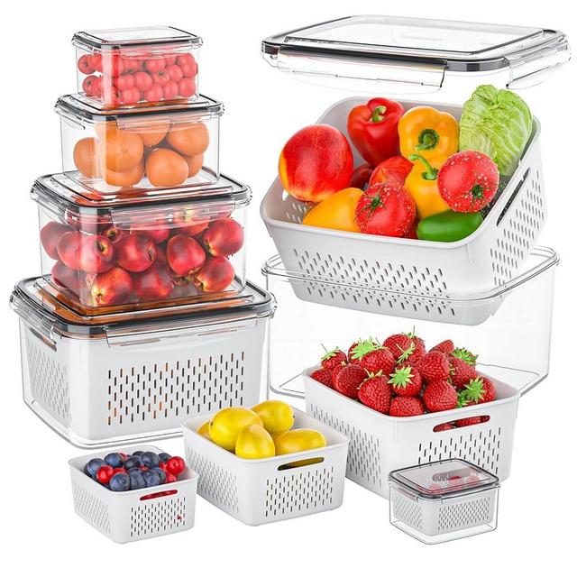 6 Pack Fruit Storage Containers for Fridge, BPA-Free Fridge Organizers and Storage with Removable Colanders, Airtight Produce Containers for Fridge, Keep Fruits Vegetables Berry Lettuce Meat Fresh