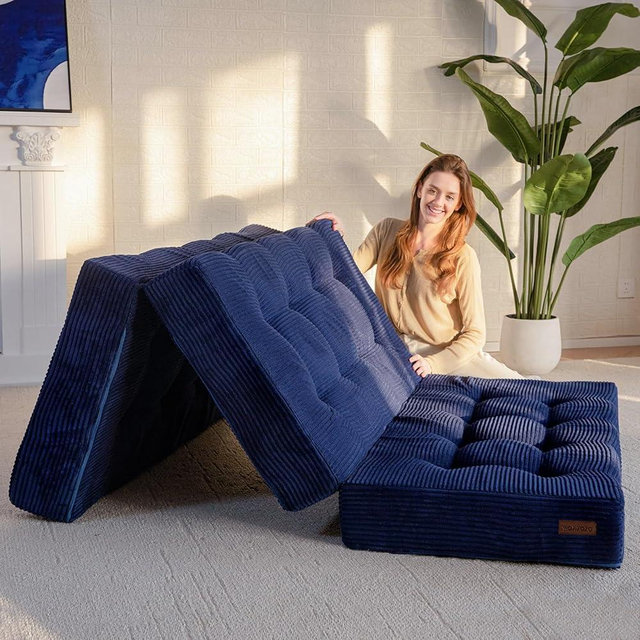 MAXYOYO Tri-Fold Mattress, 6 Inch Tufted Folding Futon Foam Bed, Foldable Floor Mattress Guest Bed Futon Topper Portable Camping Sleeping with Corded Fabric, Navy, 59"x79"