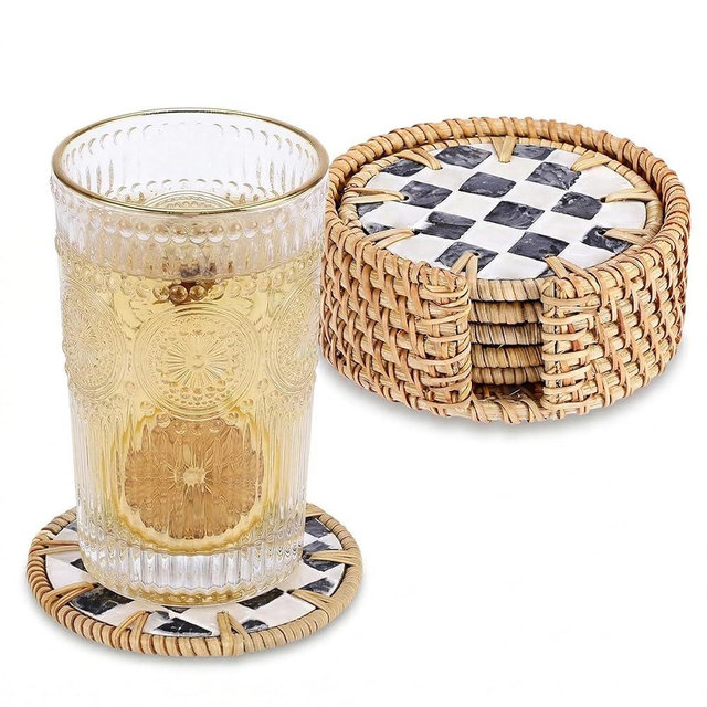 OGANAZI Boho Coastal Coasters Set of 6, Handwoven Rattan Coasters with Holder - Drink Coaster for Coffee Table, Boho Coaster for Home Decor, Rattan & Mother of Pearl, 4 Inch(Checkered Pattern)