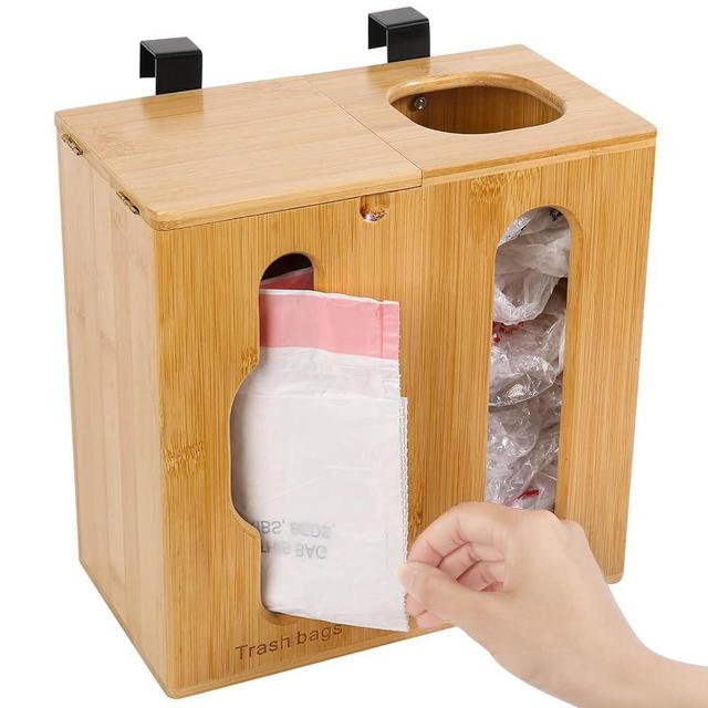 Grocery Bag Holder & Trash Bag Dispenser-2 in 1-Bamboo Plastic Bag Holder with Large Storage Capacity and Wall-Mounted Design, Grocery Plastic Bag Dispenser for Kitchen Organization