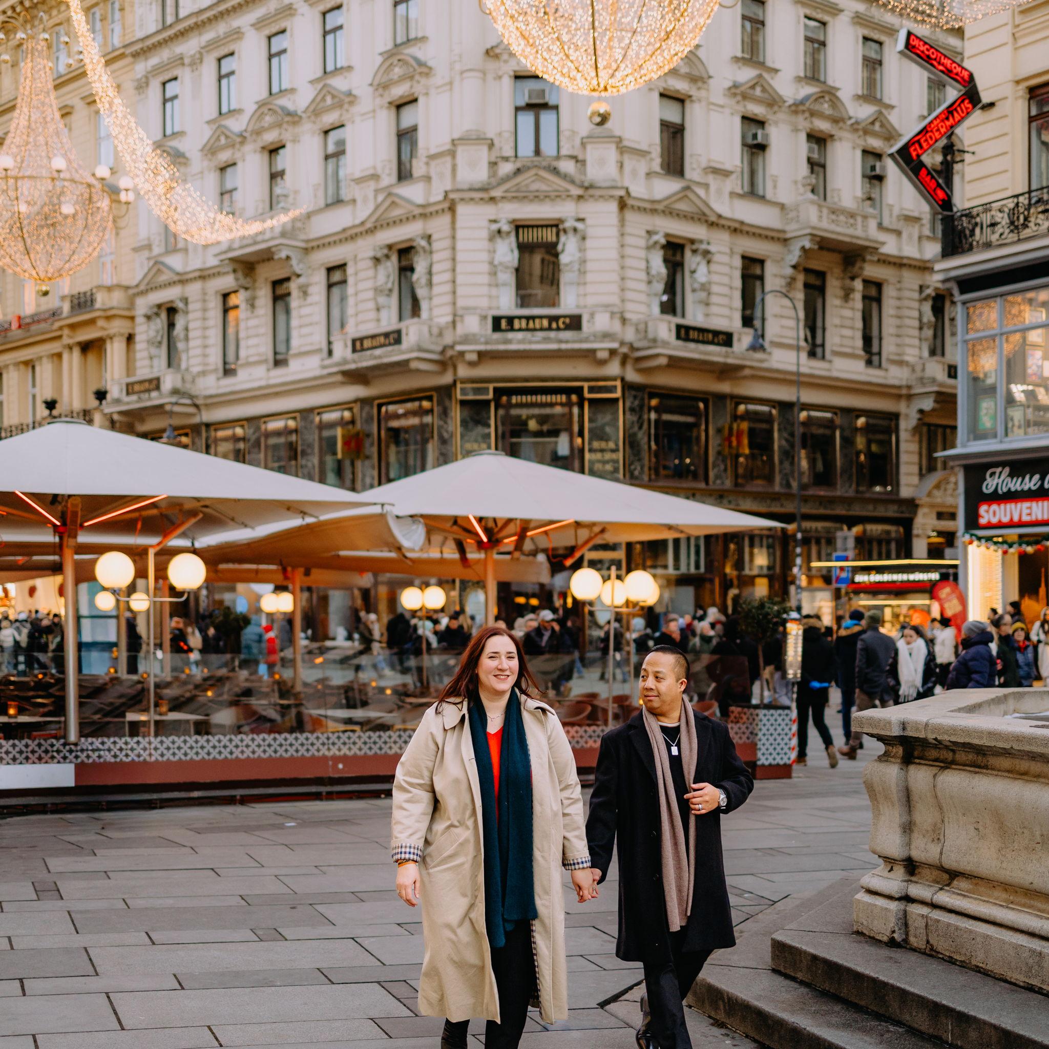 A beautiful photo taken during our Engagement photoshoot in a busy Graben Street area in Vienna - November, 2025