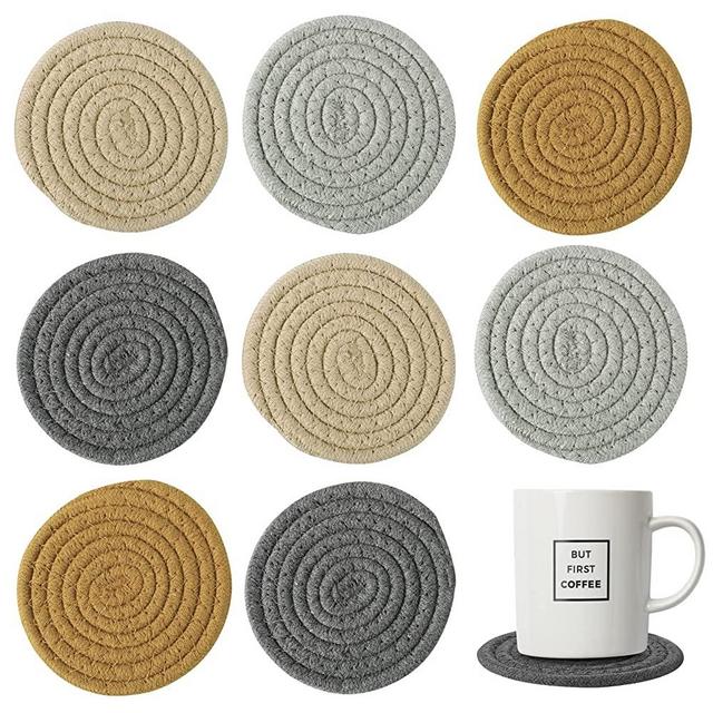 8 Pcs Absorbent Drink Coasters, 4 Styles Handmade BOHO Woven Coasters for Coffee Table, Heat-resistant Modern Cotton Coasters for Kinds of Cups Housewarming (4.3in)