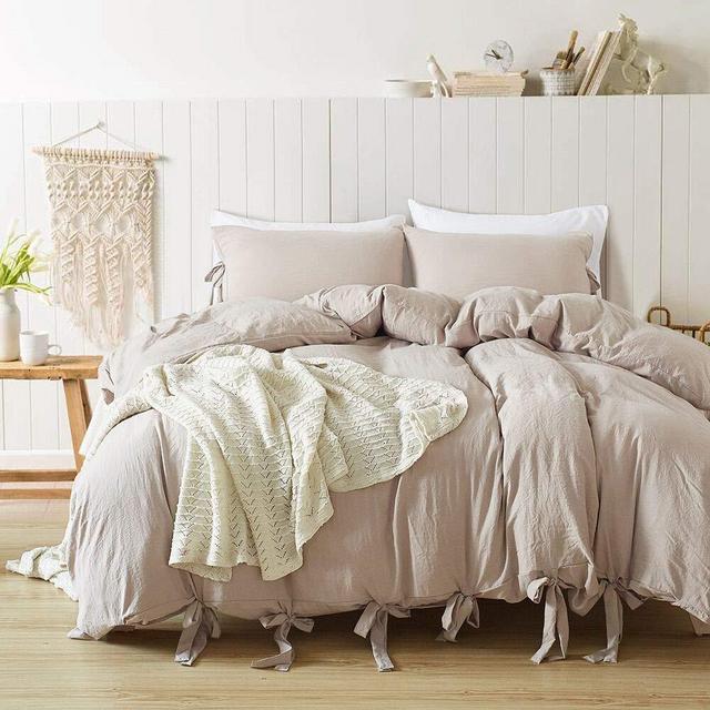 annadaif Giveuwant Duvet Cover Set King(104x90 Inch), 3 Pieces Khaki Ultra Soft Washed Cotton Butterfly Bow tie Bowknot Duvet Cover Set, Easy Care Bedding Set for Men, Women
