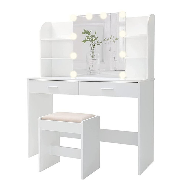 USIKEY Large Vanity Set with 10 Light Bulbs, Makeup Table with Cushioned Stool, 6 Storage Shelves 2 Drawers, Dressing Table Dresser Desk for Women, Girls, Bedroom, White