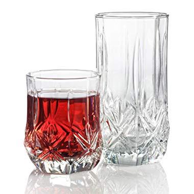 Set of 16 Elegant Drinking Glasses, Includes 8­ Cooler Glasses and 8 Rocks Glasses, 16-piece Glassware Set
