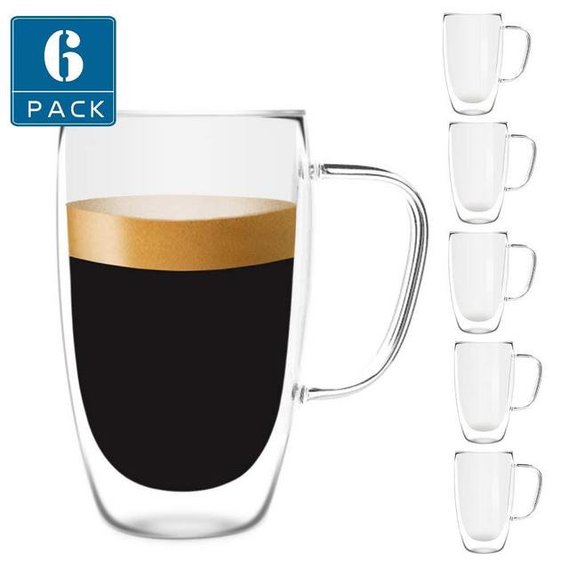 [6-Pack, 15 Oz] DESIGN•MASTER - Premium Double Wall Insulated Glass with Handle, Coffee or Tea Glass Mugs, Thermo Insulated Glass, Perfect for Latte, Cappuccino, Americano, Tea and Beverage