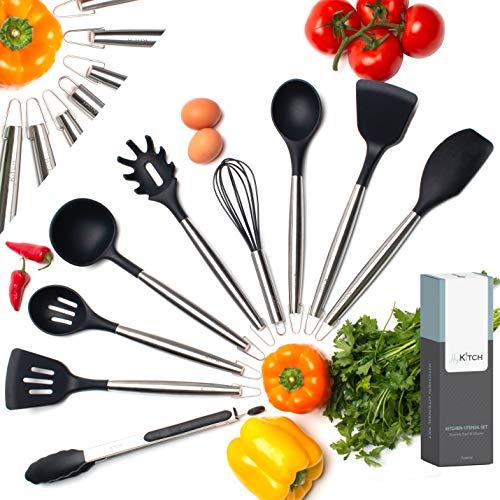 HeyKITCH Kitchen Utensil Set - 9 Silicone Cooking Utensils Kitchen Utensil Set - Stainless Steel Silicone Utensils Set - Silicone Utensil Set Spatula Set – Silicone Cooking Utensils Set - Black