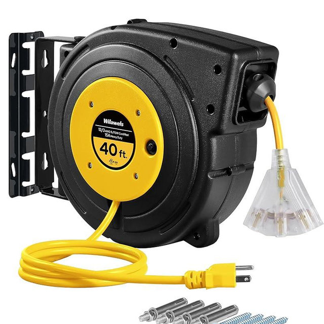 WILAWELS Retractable Extension Cord Reel, 40 FT Heavy Duty Power Cord, 12AWG/3C SJTOW, 3 Grounded Outlets Lighted Triple Tap, 15 Amp Circuit Breaker, UL Listed, Yellow Y40CR06