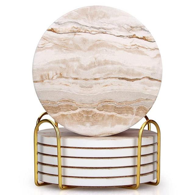 6 Pcs Marble Ceramic Coasters with Holder Best Absorbent Drink Coasters Round Ceramic Table Coasters Set Decorative Coffee Cup Beverage Coasters Wine Beer Bar Coasters
