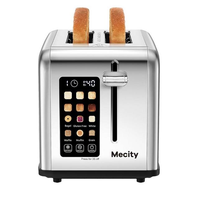 Mecity 2 Slice Toaster Touch Screen 1.5" Wide Slot, Stainless Steel Smart Bread Toaster for Bagel Muffin Waffle Gluten Free Breads, Timer, Defrost, Reheat, 120V 825W