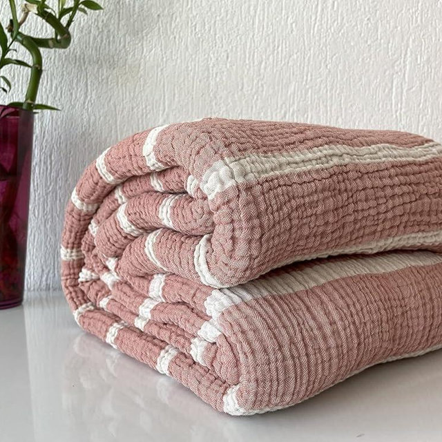 100% Cotton Muslin Striped Throw Blanket, 4 Layers Bedspread, Soft Turkish Cotton Muslin Bed Cover, Reversible Coverlet, Brick Red (Two Pillowcase 20x30)