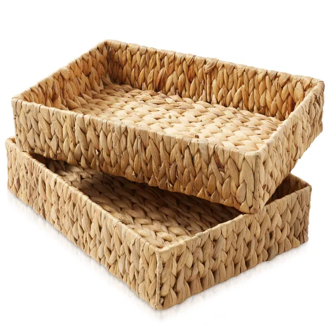 Casafield Bathroom Storage Baskets - Set of 2, Natural - Water Hyacinth, 15.75" W x 11.25" D x 3.25" H, Woven Toilet Paper, Tissue, Shelving Bins