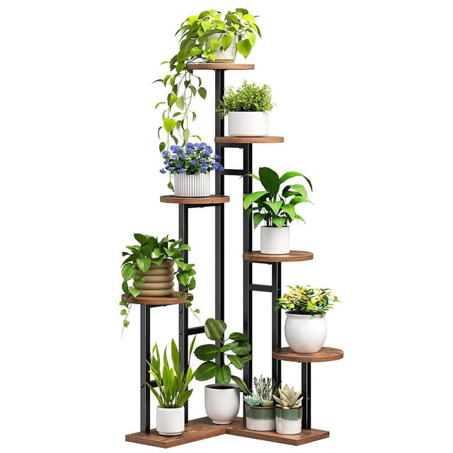 HOOBRO Corner Plant Stand Indoor, 7-Tier Plant Shelf for Multiple Indoor Plants, Corner Plant Rack Organizer, Round Flower Stand, for Living Room, Balcony, Patio, Rustic Brown and Black BF02HJ01