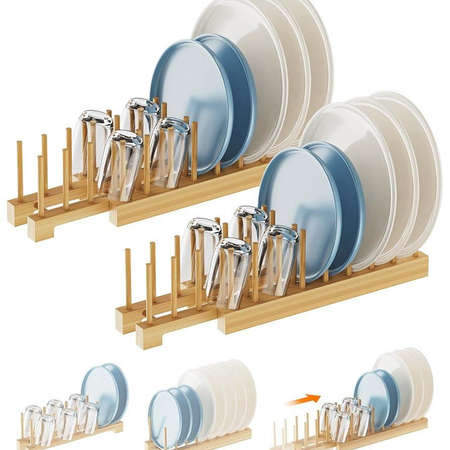 BusyePa Bamboo Dish Drying Rack Set of 2, Adjustable Plate Organizer for Cabinet, Space-Saving for Plates, Bowls, Cups, Pot Lids & Cutting Boards, Vertical Bamboo Plate Holder Rack Dish Organizer