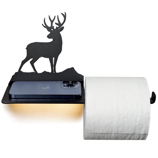 Deer Toilet Paper Holder Rack with Adjacent Shelf and Motion Sensor Activated Warm LED Light in Heavy Duty Construction for Country Rustic Farmhouse Cabin Décor