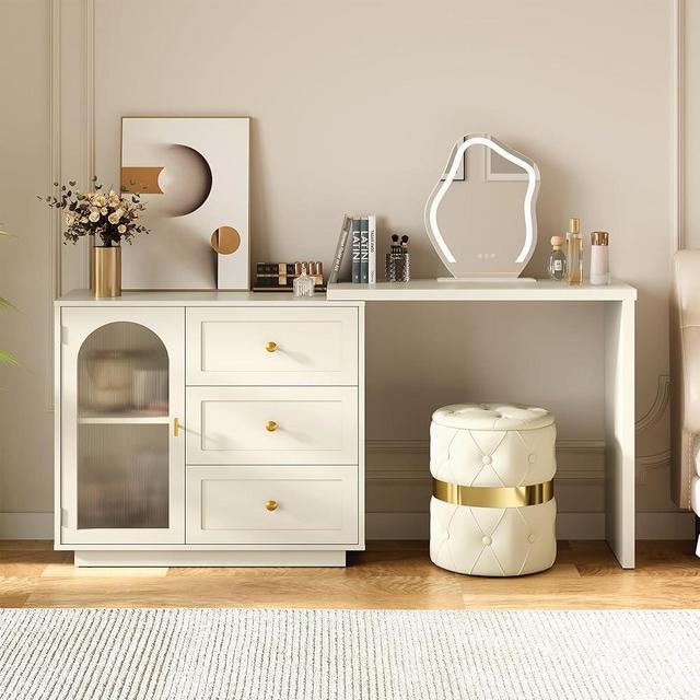 RoyalCraft 59” Makeup Vanity Desk, White Vanity Dresser Combo, Modern Corner Makeup Table with 3 Drawer & 1 Door, Wood Large Dressing Table for Women, Extendable Vanity for Bedroom (Without Mirror)