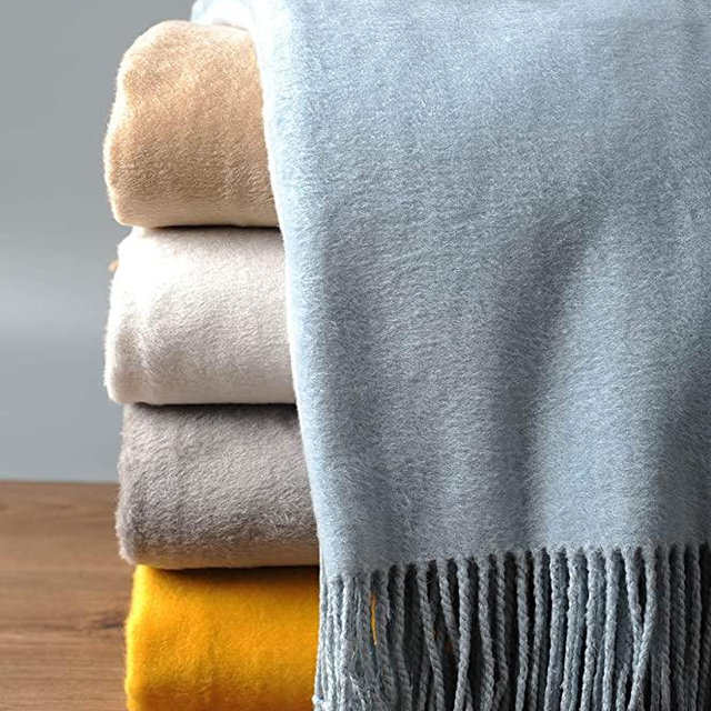 EP Mode Fringed Mulberry Silk Throw Blanket for Sofa (Baby Blue)