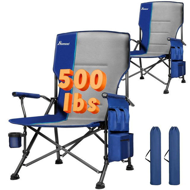 Romswi Oversized Camping Chairs 2 Pack, 500 LBS Heavy Duty Folding Lawn Chairs with Hard Armrests, Wide Seat Outdoor Chairs with Cup Holder & Side Pocket for Camping Beach Sports Backyard
