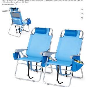 VINGLI Tall Beach Chair 2 PACK Lightweight, Backpack Beach Chair for Adults with 5-Position, Cooler Bag, Cup Holders, Towel Bar, Folding Beach Camping Chairs（16“-Blue）