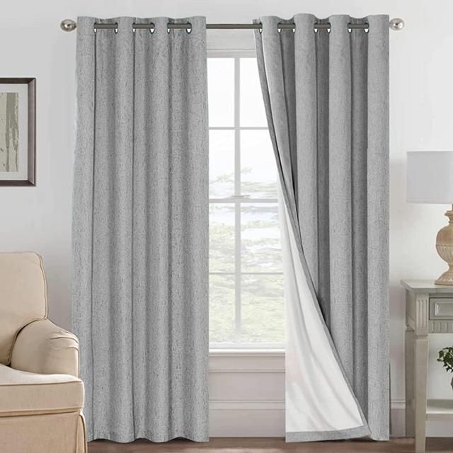 Linen Blackout Curtains 108 Inches Long 100% Absolutely Blackout Thermal Insulated Textured Linen Look Curtain Draperies Anti-Rust Grommet, Energy Saving with White Liner, 2 Panels, Dove Gray