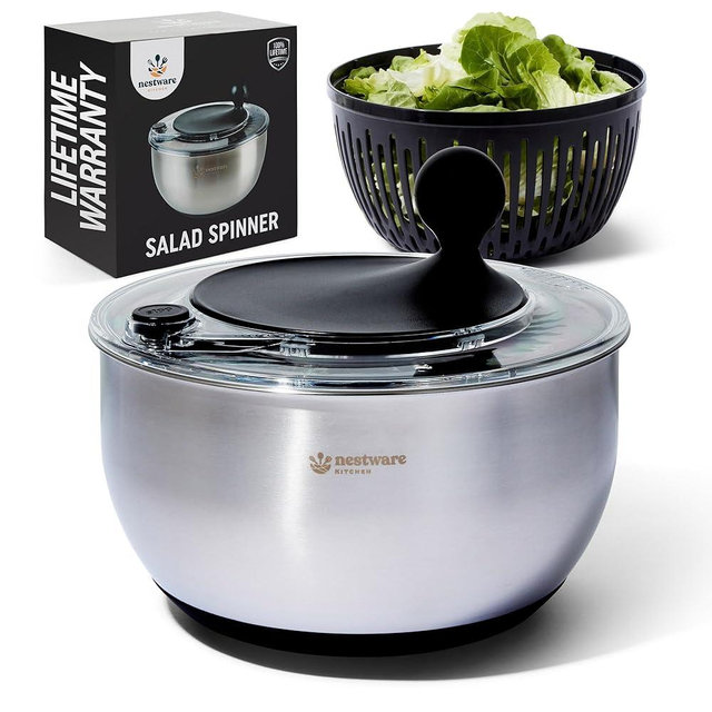 Nestware Kitchen Stainless Steel Salad Spinner, Lettuce, Vegetable & Fruit Dryer, 5L Capacity, Non-Slip Base (304 Stainless Steel - Black)