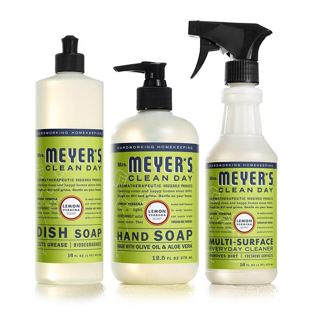 Mrs. Meyer's Kitchen Essentials Set, Includes: Hand Soap, Dish Soap, and Multi-Surface Cleaner, Lemon Verbena Scent, 3 Count Pack