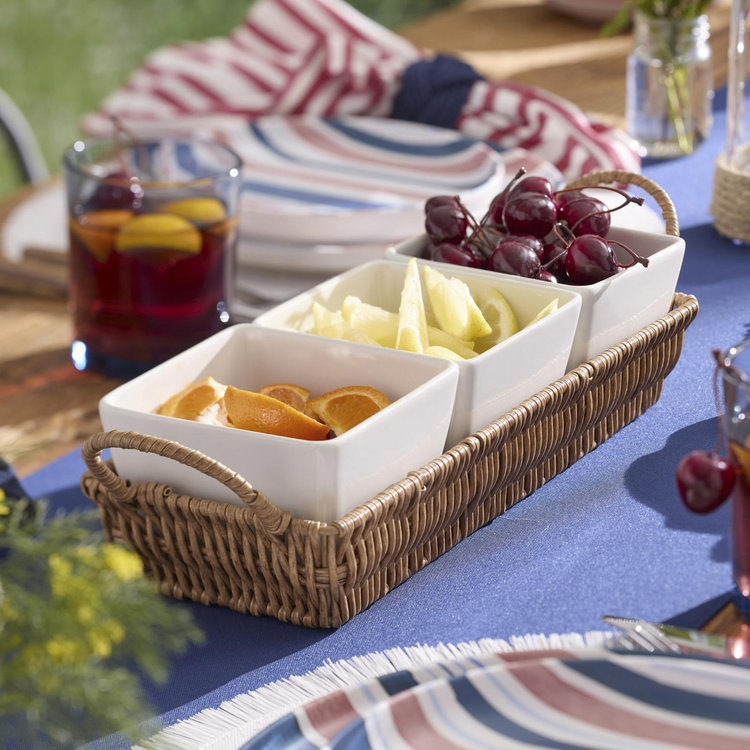 Oneida, Willow & White 4-Piece Dip Bowl & Rattan Tray Set | Zola
