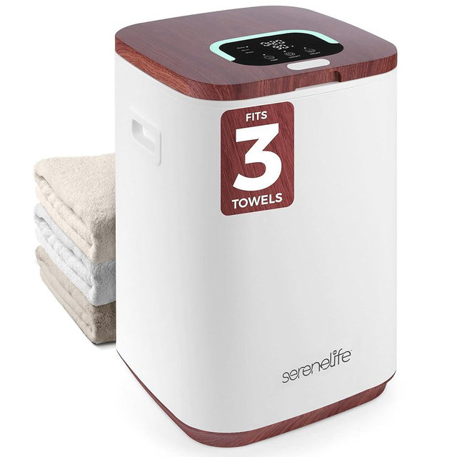 SereneLife Towel Warmer Bucket - Compact 23L Bathroom Towel Heater w/Essential Oils Disc Holder, Adjustable Timer, Auto Shut-Off, Power Cord Storage, LED Display, Fits 2 Oversized Towels (Wood Color)