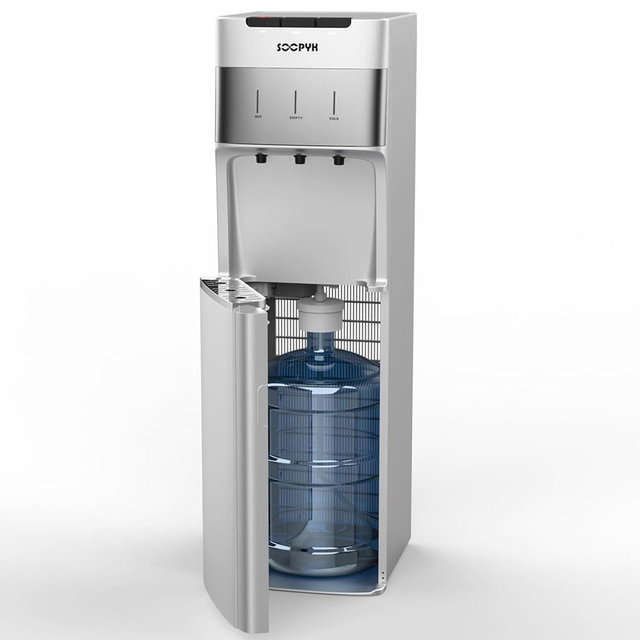 SOOPYK Self Cleaning Bottom Load Water Cooler Dispenser for 3-5 Gallon Bottles,Hot Cold and Room, Child Safety Lock, LED Display with Empty Bottle Alert, Silver