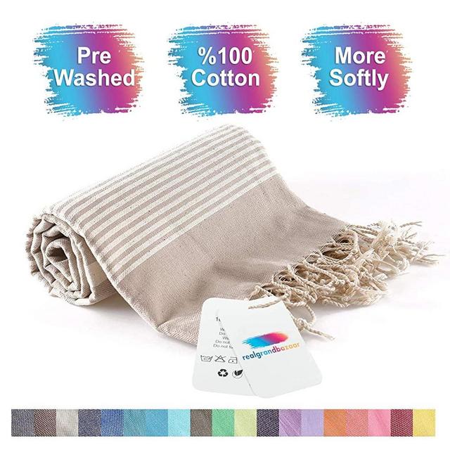 realgrandbazaar Turkish Towel Beach Towel%100 Cotton - Pre Washed, Softly 37 x 64 Oversized Beach, Pestemal, Peshtemal, Hammam, Spa, Large Bath Towels, Super Soft Towels (Beige)