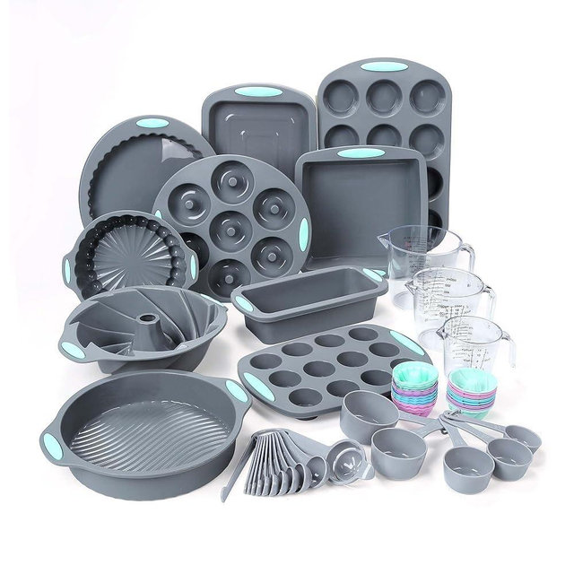 Tongjude 54 Pieces Silicone Baking Pans Set, 10 Silicone Cake Molds, Loaf Pan and Muffin Pans, Non-Stick Baking Cup, with Measuring Cups and Spoons Set, Grey