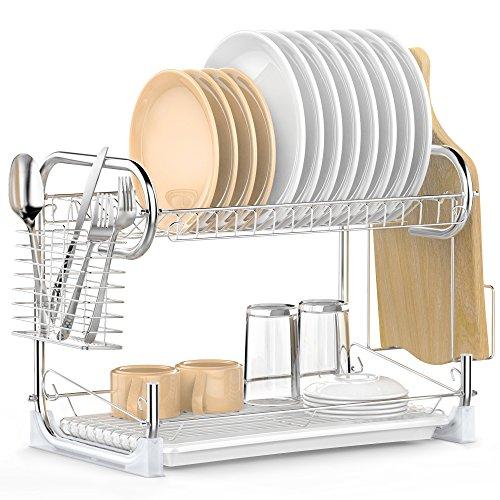 Dish Drying Rack, iSPECLE 2-Tier Dish Rack with Utensil Holder, Cutting Board Holder and Dish Drainer for Kitchen Counter, Plated Chrome Dish Dryer Silver